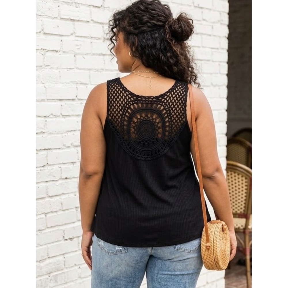 Torrid Womens Black Ribbed Tank Top Crochet Lace Back Sunburst Boho Plus Size 4